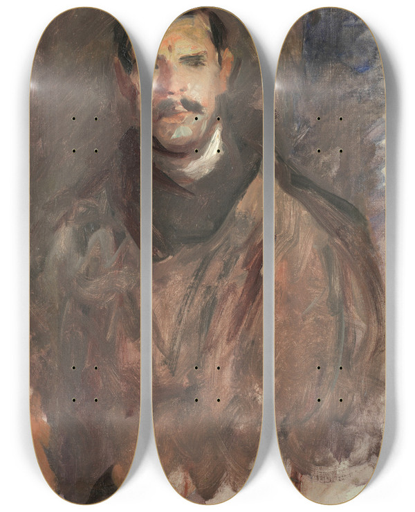 Triptych art skateboard deck of Harry Becker A Samson Of A Man by Harry Becker (1865-1928)