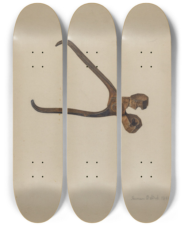 Triptych art skateboard deck of Herman O Stroh Bullet Mold by Herman O Stroh