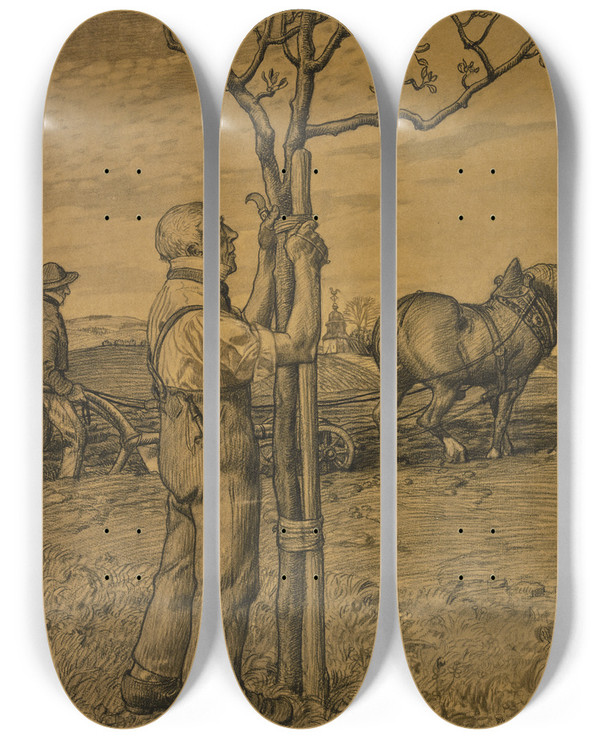 Triptych art skateboard deck of Fritz Boehle Grtner Einen Baum Anbindend by Fritz Boehle (1873-1916)