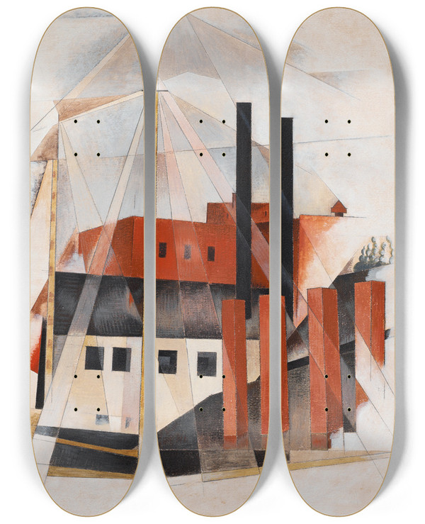 Triptych art skateboard deck of Charles Demuth Piano Movers Holiday by Charles Demuth (1883-1935)