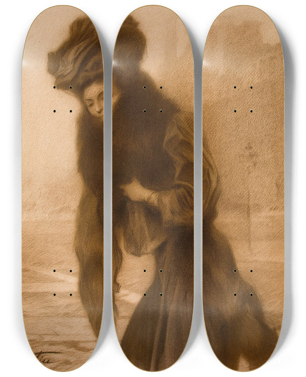 Triptych art skateboard deck of Manuel Feliu De Lemus Study For A Female Portrait by Manuel Feliu De Lemus (1865-1922)