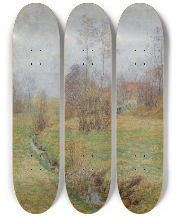 Triptych art skateboard deck of Paul Baum A Path In The Dunes Morning Sun by Paul Baum (1859-1932)