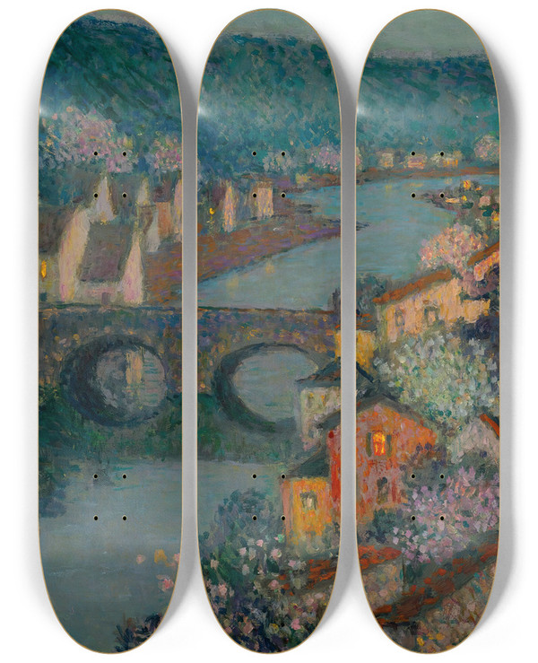 Triptych art skateboard deck of Henri Le Sidaner Les Maisons Sur La Rivire by Henri Le Sidaner (1862-1939)