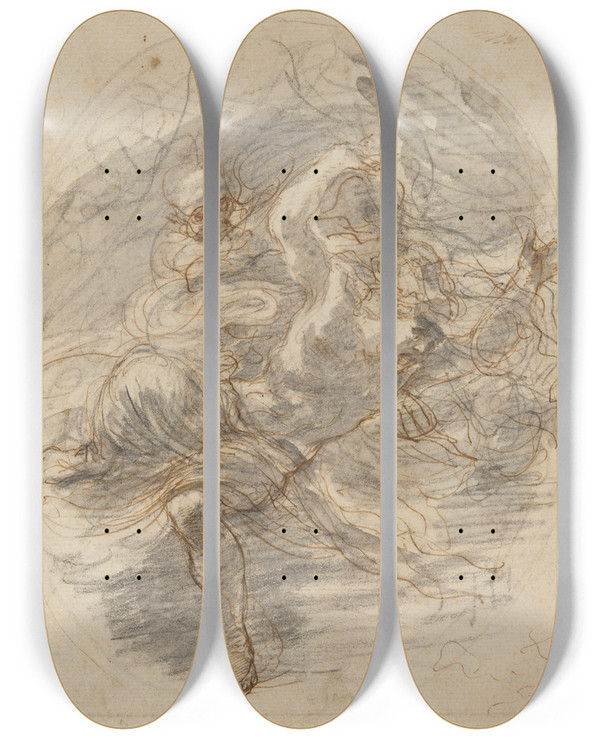 Triptych art skateboard deck of Stefano Della Bella A Young Man Pursued By Death by Stefano Della Bella (1610-1664)