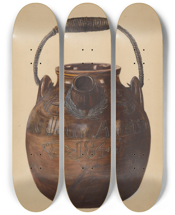 Triptych art skateboard deck of Yolande Delasser Jug For Batter_2 by Yolande Delasser (1935)