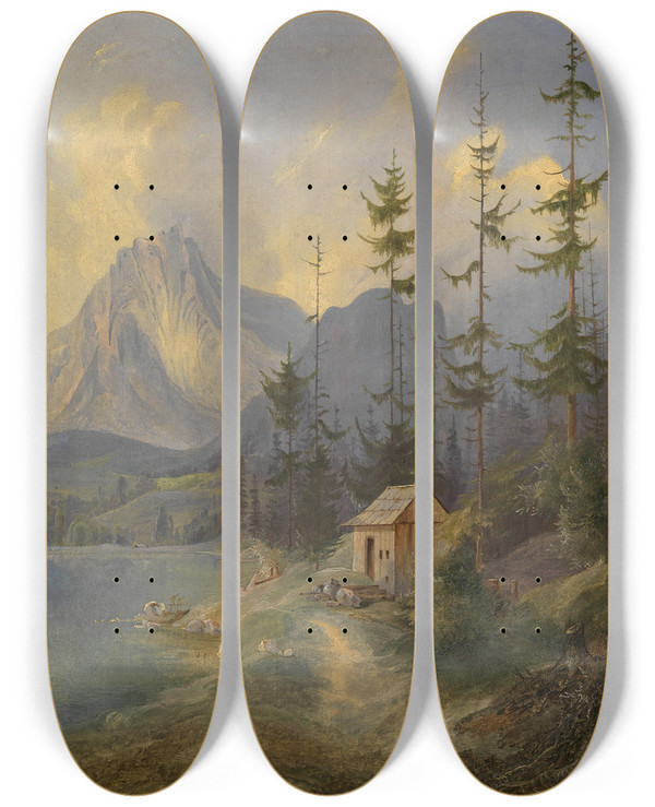 Triptych art skateboard deck of Adalbert Stifter Der Sarstein Bei Altaussee by Adalbert Stifter (1805-1868)