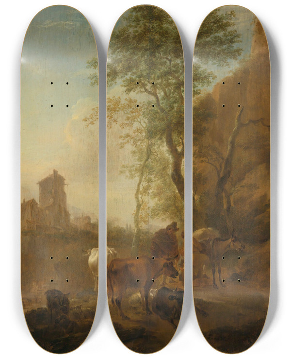 Triptych art skateboard deck of Nicolaes Pietersz Berchem Italianate Landscape With Cows by Nicolaes Pietersz Berchem (1620-1683)