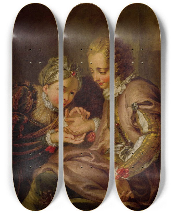 Triptych art skateboard deck of Charlesantoine Coypel The Fortune Teller by Charles-Antoine Coypel (1694-1752)