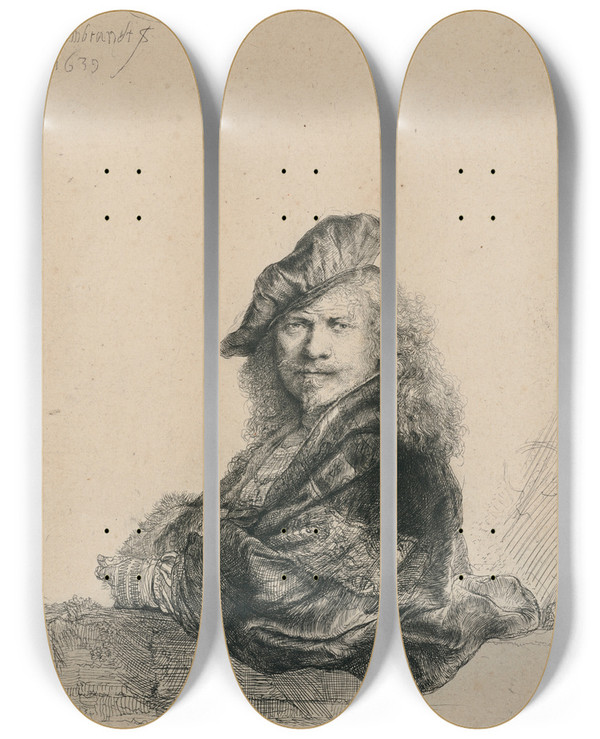 Triptych art skateboard deck of Rembrandt Van Rijn Selfportrait Leaning On A Stone Sill_4 by Rembrandt Van Rijn (1606-1669)