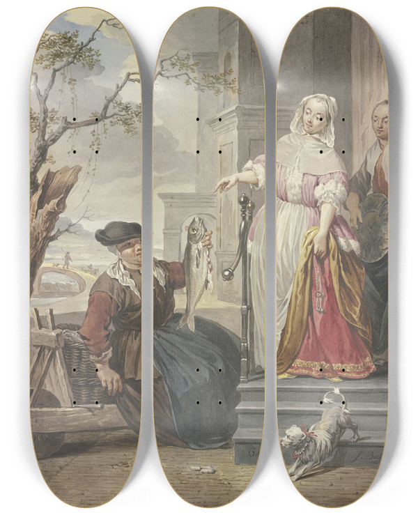 Triptych art skateboard deck of Jacobus Buys Eine Dame Steht Mit Ihrer Magd Vor Ihrem Haus Und Handelt Mit Einer Fischverkuferin by Jacobus Buys (1724-1801)