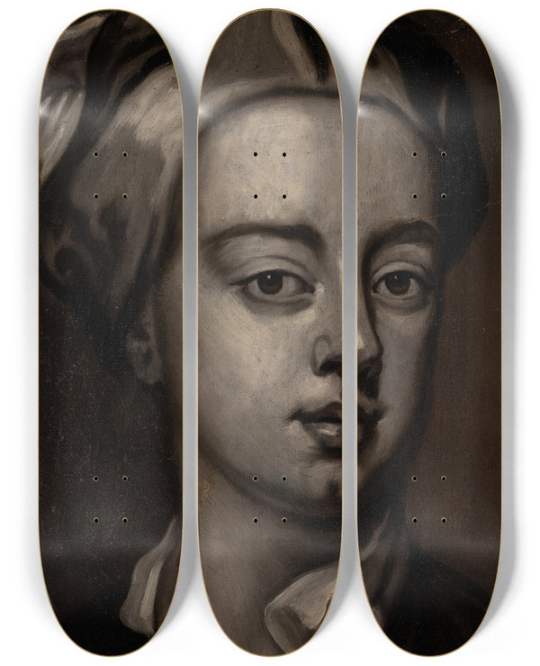 Triptych art skateboard deck of Georg Engelhard Schrder Self Portrait by Georg Engelhard Schroder (1684-1750)