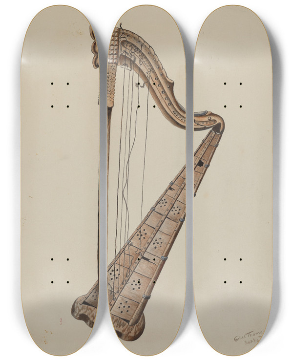 Triptych art skateboard deck of Grace Thomas Stringed Harp_1 by Grace Thomas