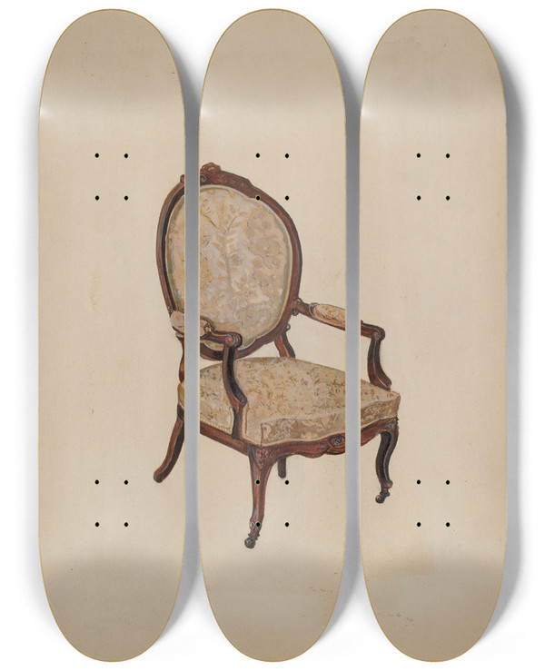 Triptych art skateboard deck of Edna C Rex Armchair by Edna C Rex (1893-1972)