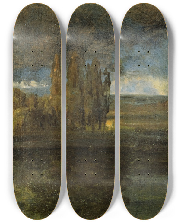 Triptych art skateboard deck of Johan Christian Dahl View Over The Elbe And The Der Br Bastion by Johan Christian Dahl (1788-1857)