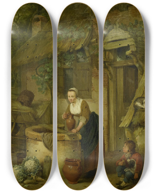 Triptych art skateboard deck of Jacobus Johannes Lauwers Woman Drawing Water From A Well by Jacobus Johannes Lauwers (1753-1800)