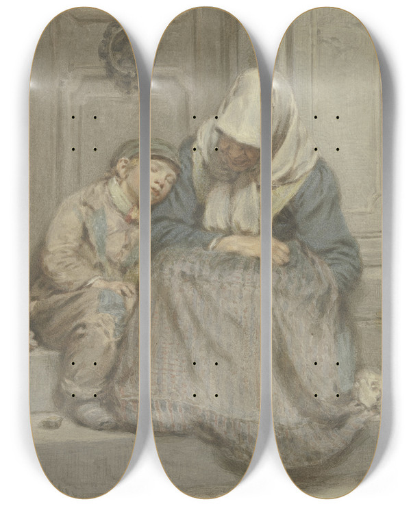 Triptych art skateboard deck of Angilbert Gbel Frau Mit Knabe Vor Einer Tre Schlafend by Angilbert Gobel (1821-1882)