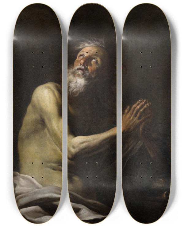 Triptych art skateboard deck of Giacinto Brandi Hermit Saint by Giacinto Brandi (1621-1691)