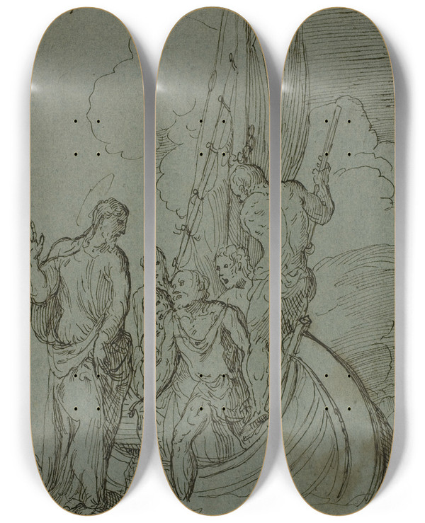 Triptych art skateboard deck of Domenico Campagnola Christ Walking On The Water Peter Following by Domenico Campagnola (1500-1564)