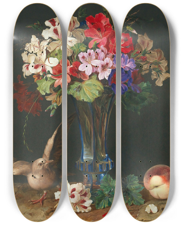 Triptych art skateboard deck of Ferdinand Kss Stilleben Mit Blumen In Vase by Ferdinand Kuss (1800-1886)