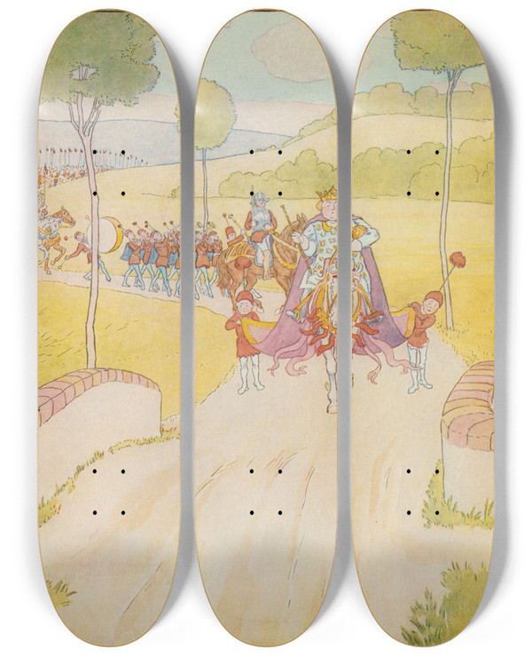 Triptych art skateboard deck of Leonard Leslie Brooke All The Kings Horses And All The Kings Men by Leonard Leslie Brooke (1862-1940)