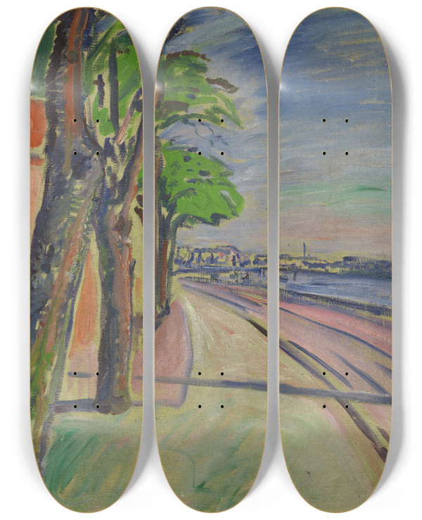 Triptych art skateboard deck of Edvard Munch Trees By The Canal by Edvard Munch (1863-1944)