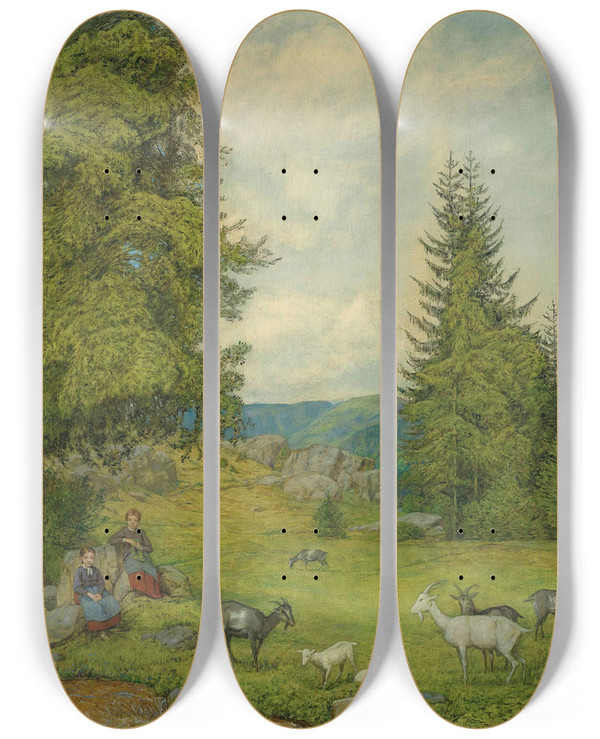Triptych art skateboard deck of Hans Thoma Kinder Mit Ziegenherd by Hans Thoma (1839-1924)