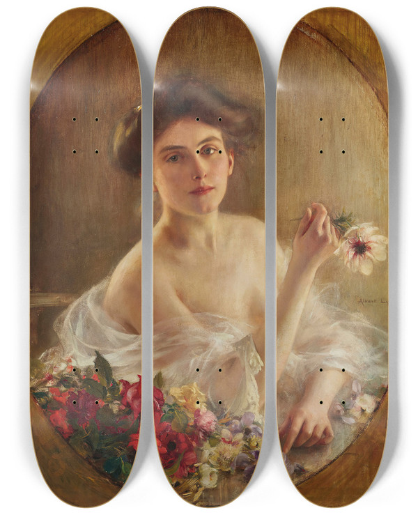 Triptych art skateboard deck of Albert Lynch Portrait Of A Young Woman With Flowers by Albert Lynch (1860-1950)