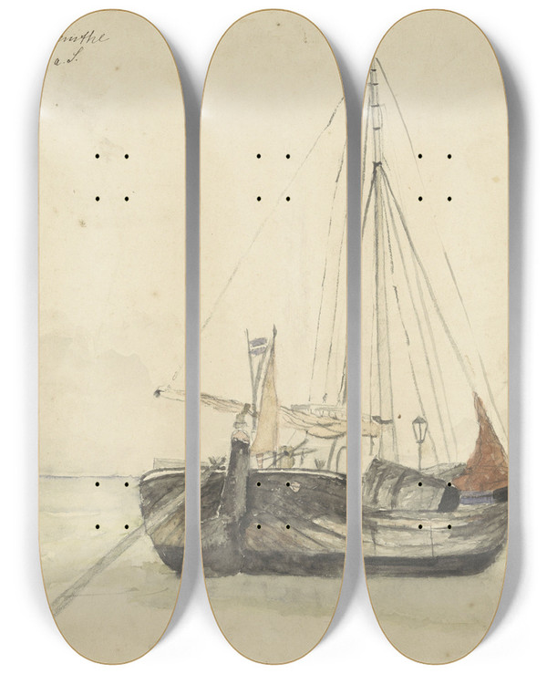 Triptych art skateboard deck of Gerhard Munthe Visserspink Te Katwijk by Gerhard Munthe (1849-1929)