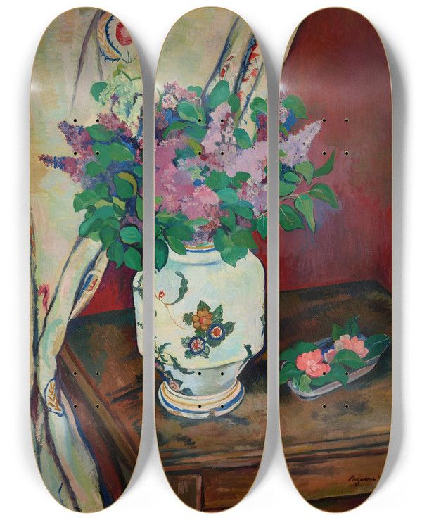 Triptych art skateboard deck of Suzanne Valadon Les Lilas Et Camlias by Suzanne Valadon (1865-1938)