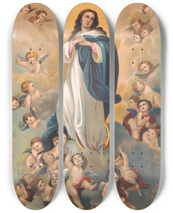 Triptych art skateboard deck of Krebs Litho The Assumption by Krebs Litho. (19-20-)