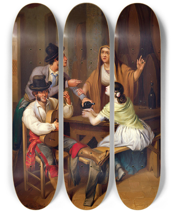 Triptych art skateboard deck of Angel Mara Cortellini Hernndez No More Wine Tavern Scene by Angel Maria Cortellini Hernandez (1819-1887)