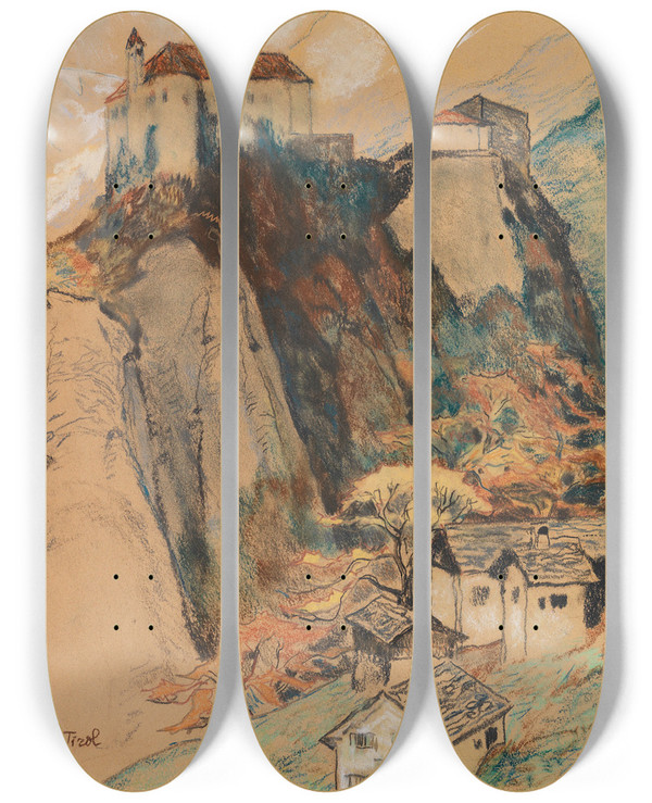 Triptych art skateboard deck of Leo Putz Schloss Tirol by Leo Putz (1869-1940)