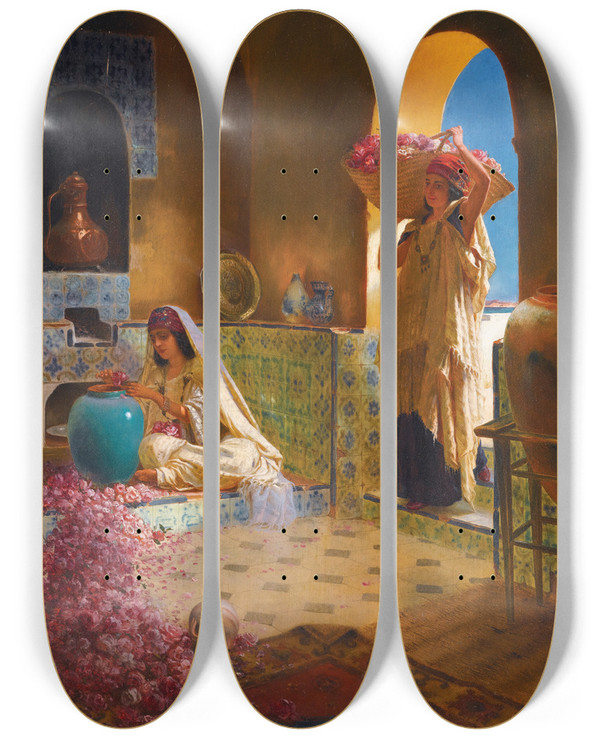 Triptych art skateboard deck of Rudolf Ernst The Perfume Makers by Rudolf Ernst (1854-1932)
