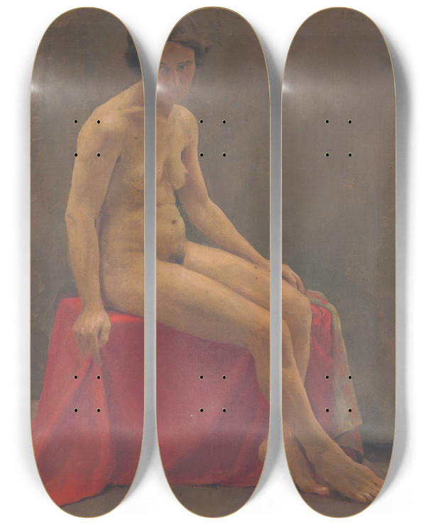 Triptych art skateboard deck of Ladislav Tresko Seated Nude by Ladislav Treskon (1900-1923)