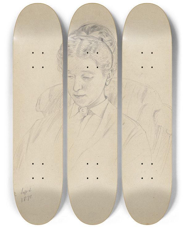 Triptych art skateboard deck of Otto Scholderer Luise Scholderer Im Lehnstuhl Sitzend by Otto Scholderer (1834-1902)