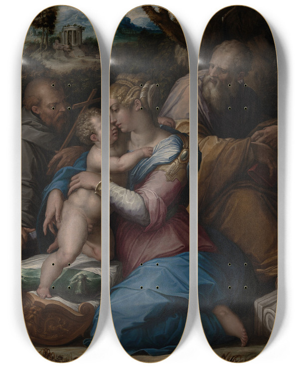 Triptych art skateboard deck of Giorgio Vasari Holy Family With Saint Francis by Giorgio Vasari (1511-1574)