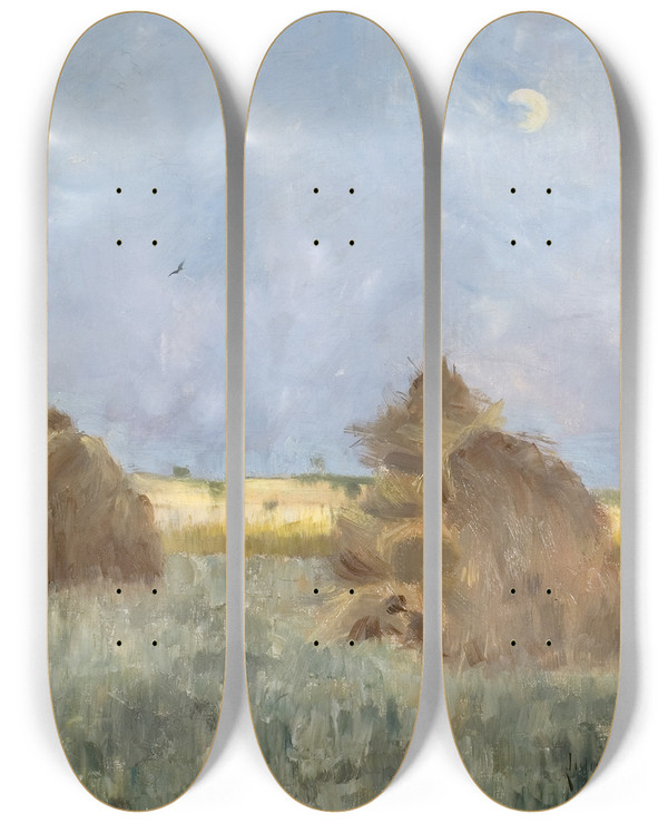 Triptych art skateboard deck of Julia Beck Haycocks By Moonlight by Julia Beck (1853-1935)