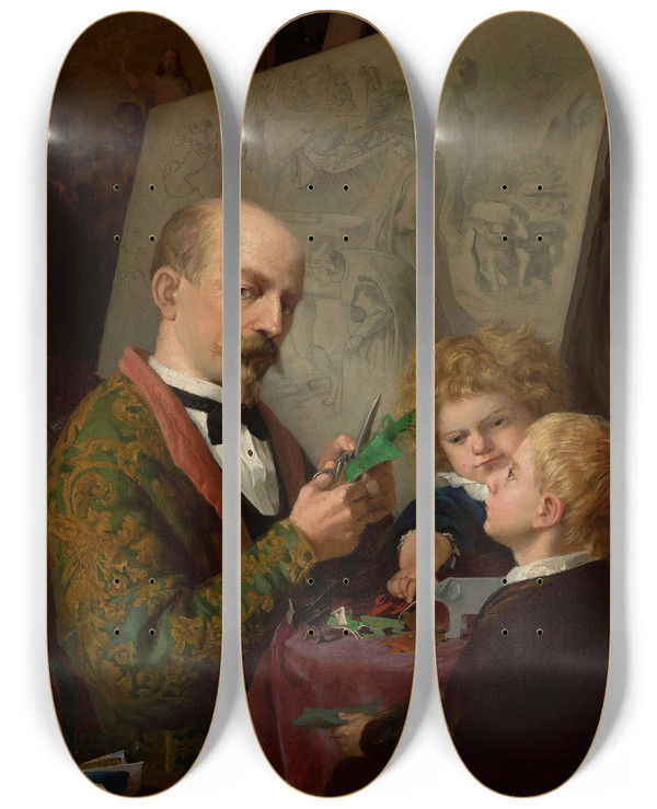 Triptych art skateboard deck of Adrian Gbocki Artists Selfportrait With Children by Adrian Glebocki (1833-1905)