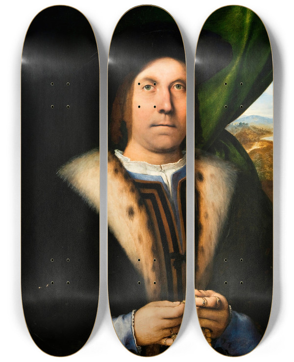 Triptych art skateboard deck of Lorenzo Lotto Portrait Of A Man With A Rosary by Lorenzo Lotto (1480-1556)