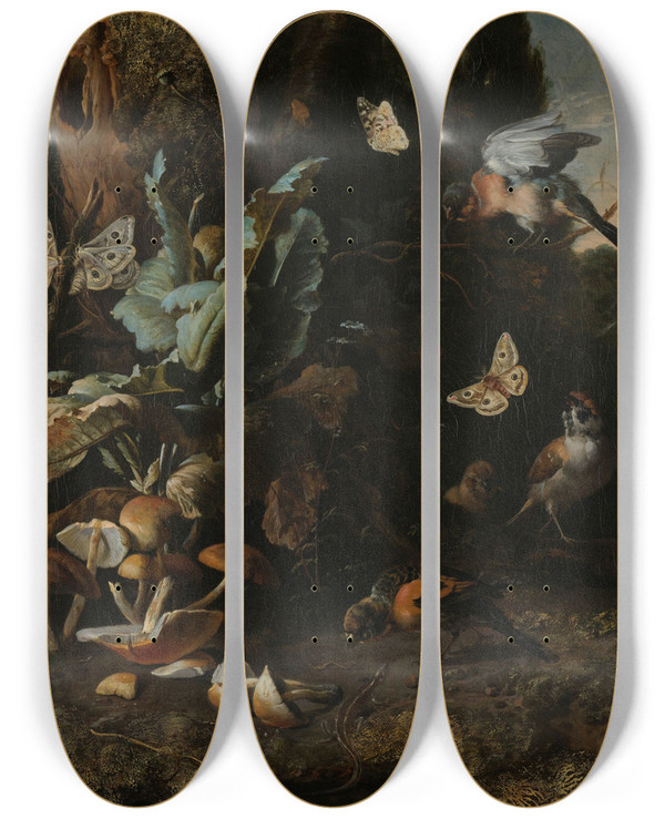 Triptych art skateboard deck of Melchior Dhondecoeter Animals And Plants by Melchior d'Hondecoeter (1636-1695)