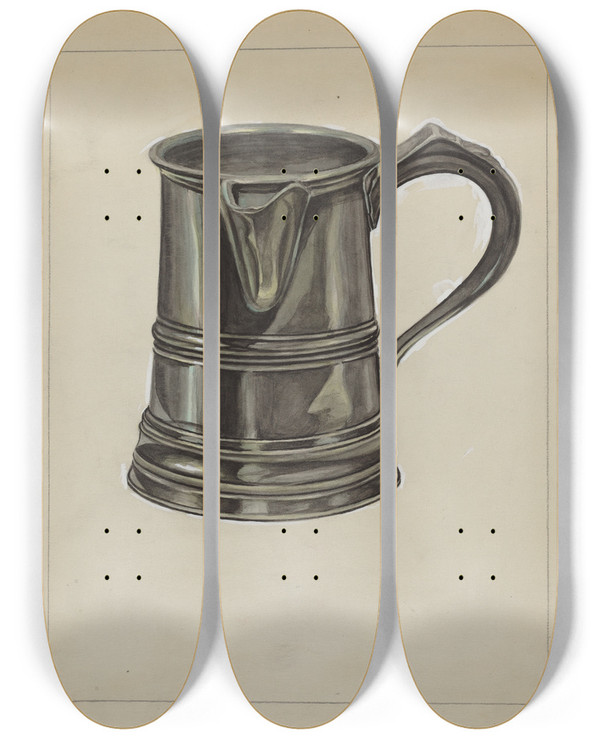 Triptych art skateboard deck of Hyman Pearlman Pewter Pitcher by Hyman Pearlman