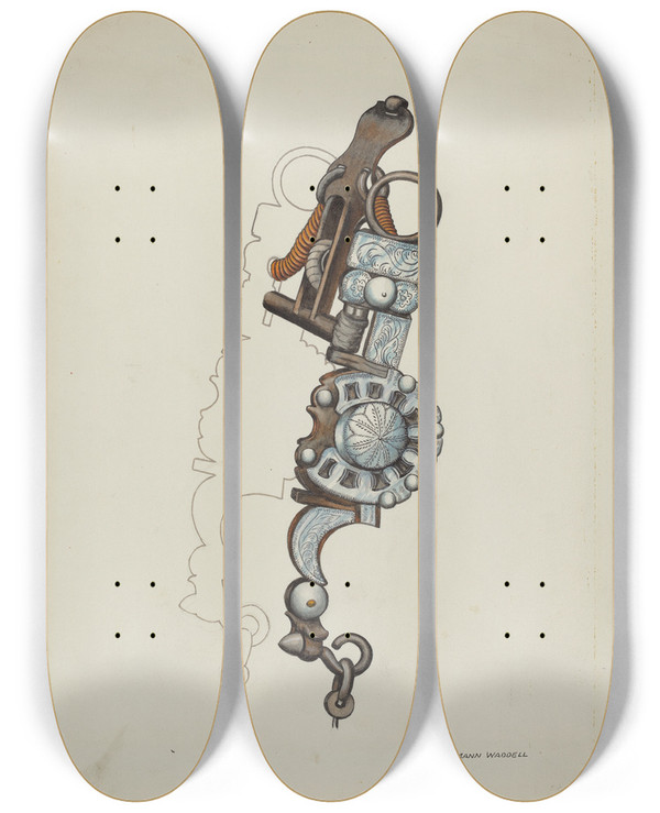 Triptych art skateboard deck of Eva Fox And Harry Mann Waddell Spade Bit by Eva Fox And Harry Mann Waddell