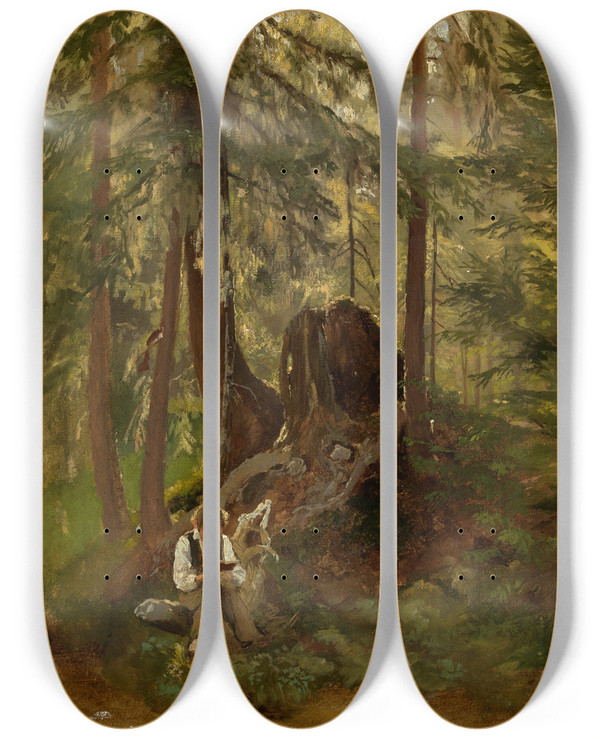 Triptych art skateboard deck of Hans Thoma Waldinneres Mit Lesendem Knaben by Hans Thoma (1839-1924)