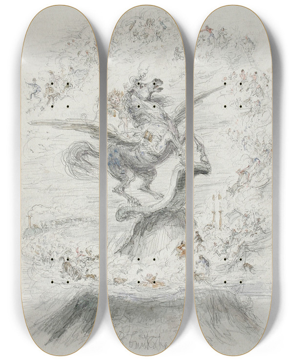 Triptych art skateboard deck of George Cruikshank Puck On Pegasus_2 by George Cruikshank (1792-1878)