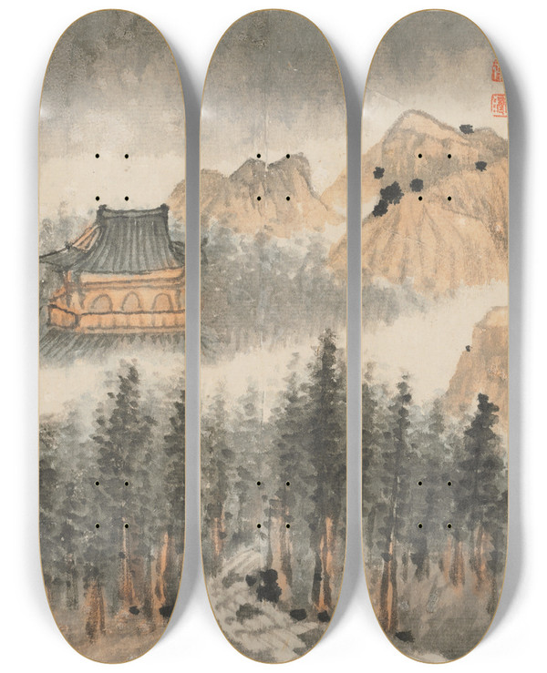 Triptych art skateboard deck of Shitao Reminiscences Of Qinhuai River Pl7 by Shitao (1642-1707)