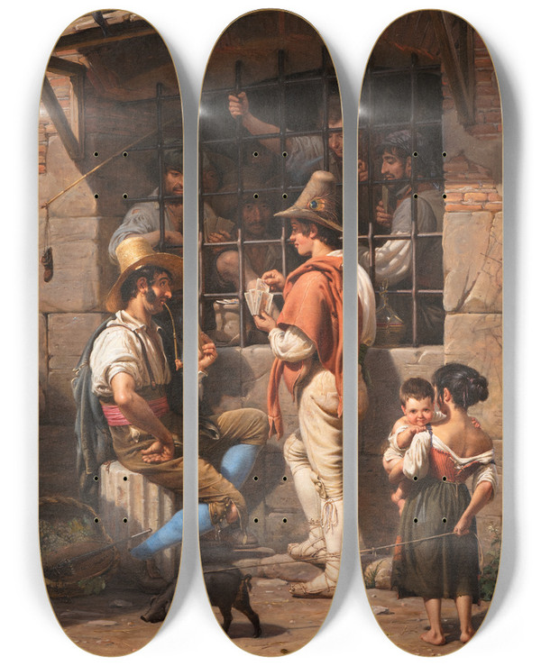 Triptych art skateboard deck of Wilhelm Marstrand Prison Scene In Rome by Wilhelm Marstrand (1810-1873)