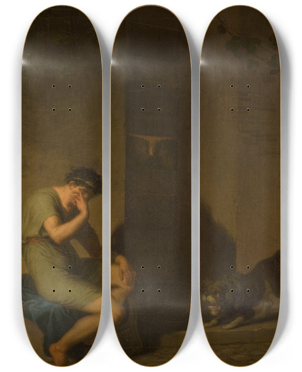 Triptych art skateboard deck of Nicolai Abildgaard Tibullus Lamenting Outside The Door Of His Beloved by Nicolai Abildgaard (1743-1809)