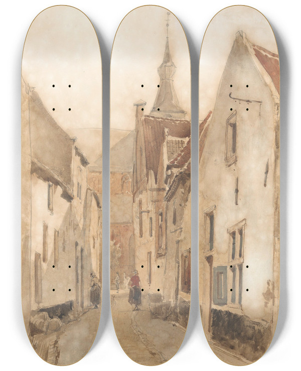 Triptych art skateboard deck of Johannes Bosboom Gezicht In De Ridderstraat Te Hattem by Johannes Bosboom (1817-1891)