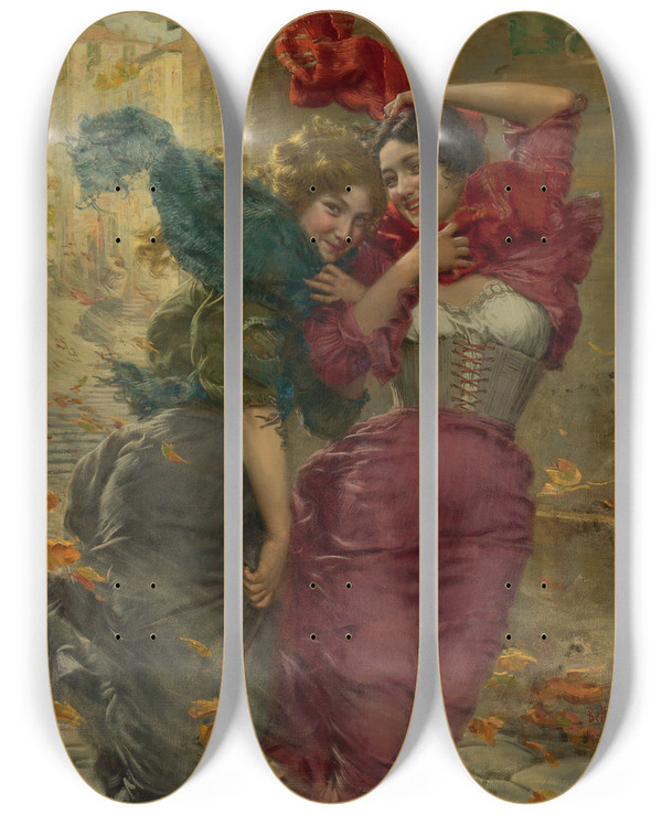 Triptych art skateboard deck of Gaetano Bellei A Windy Day by Gaetano Bellei (1857-1922)