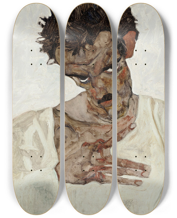 Triptych art skateboard deck of Egon Schiele Selfportrait With Lowered Head by Egon Schiele (1890-1918)